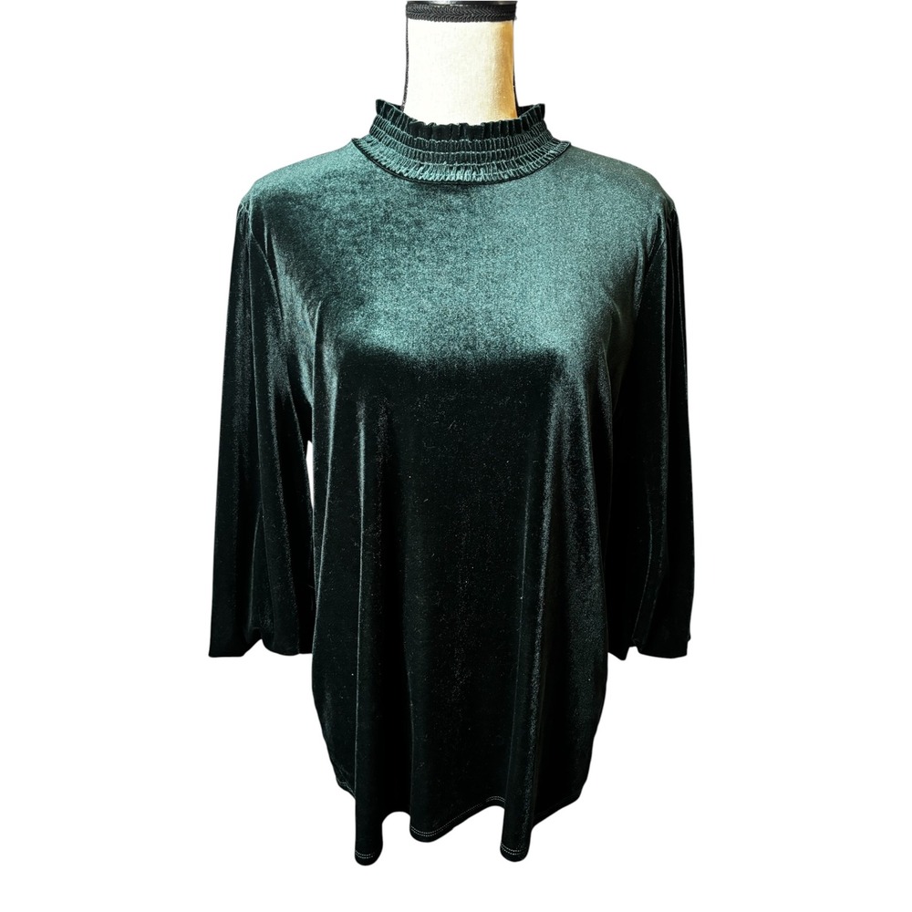 First Love Womens Emerald Green Velvet Smocked Mock Neck 3/4 Sleeve Top